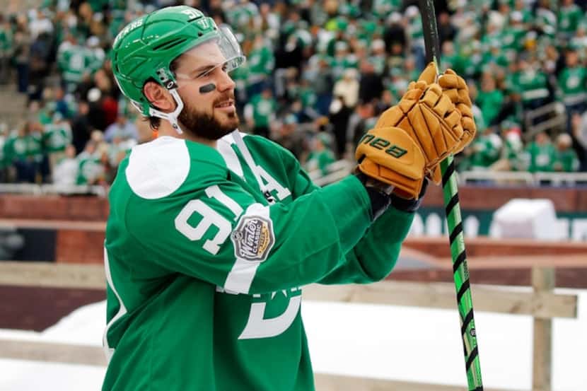 Dallas Stars center Tyler Seguin (91) applauds the crowd for their support after playing the...