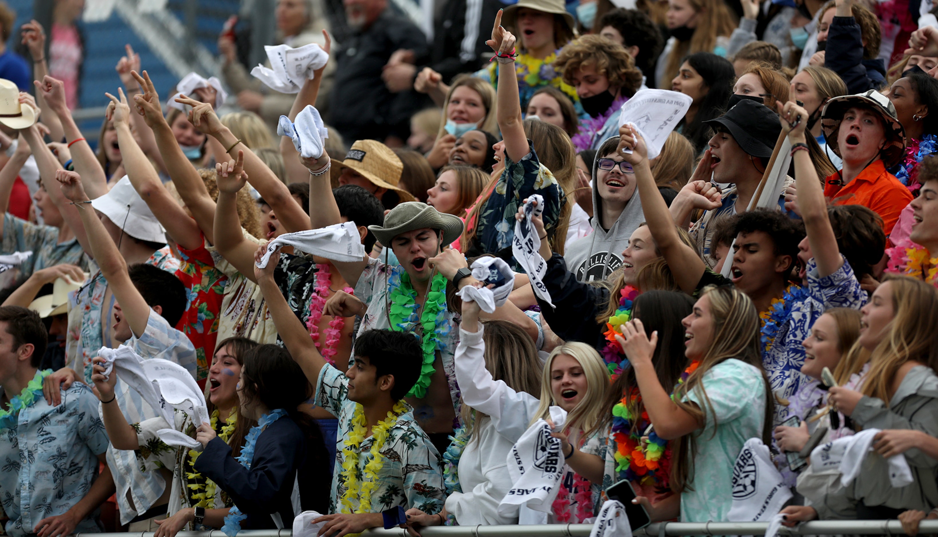 Lewisville Flower Mound fans celebrate after a goal against Austin Vandegrift during their...