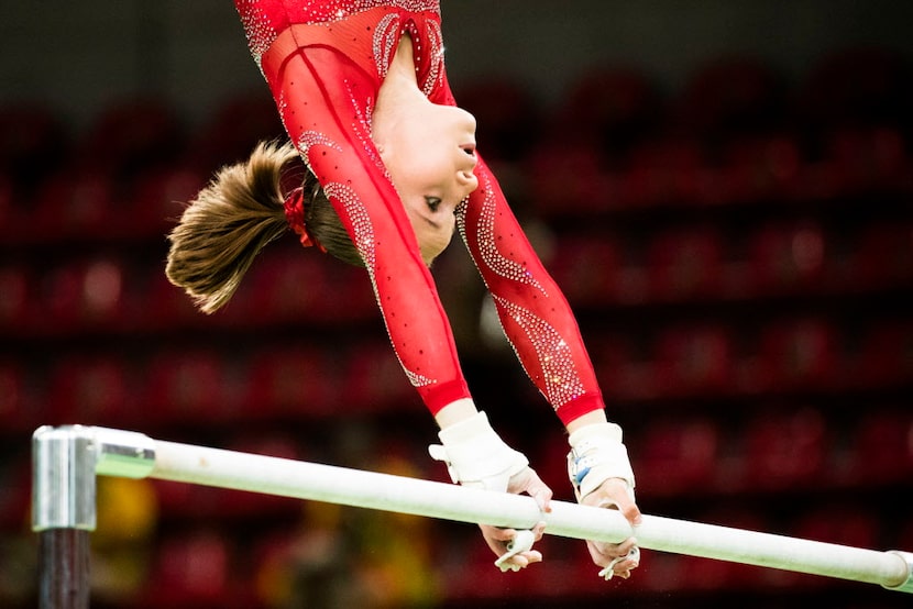 USA gymnast Madison Kocian of Dallas practices on the uneven bars during a training session...