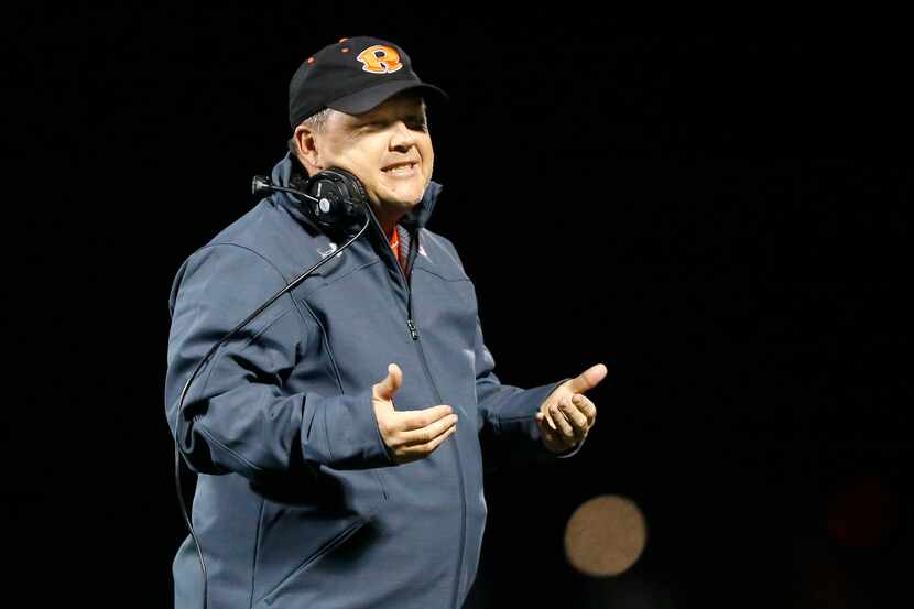 Rockwall head football coach Rodney Webb looks back to his sideline as they faced Mesquite...