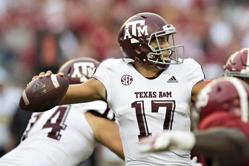 TUSCALOOSA, AL - SEPTEMBER 22:  Nick Starkel #17 of the Texas A&M Aggies throws a pass in...