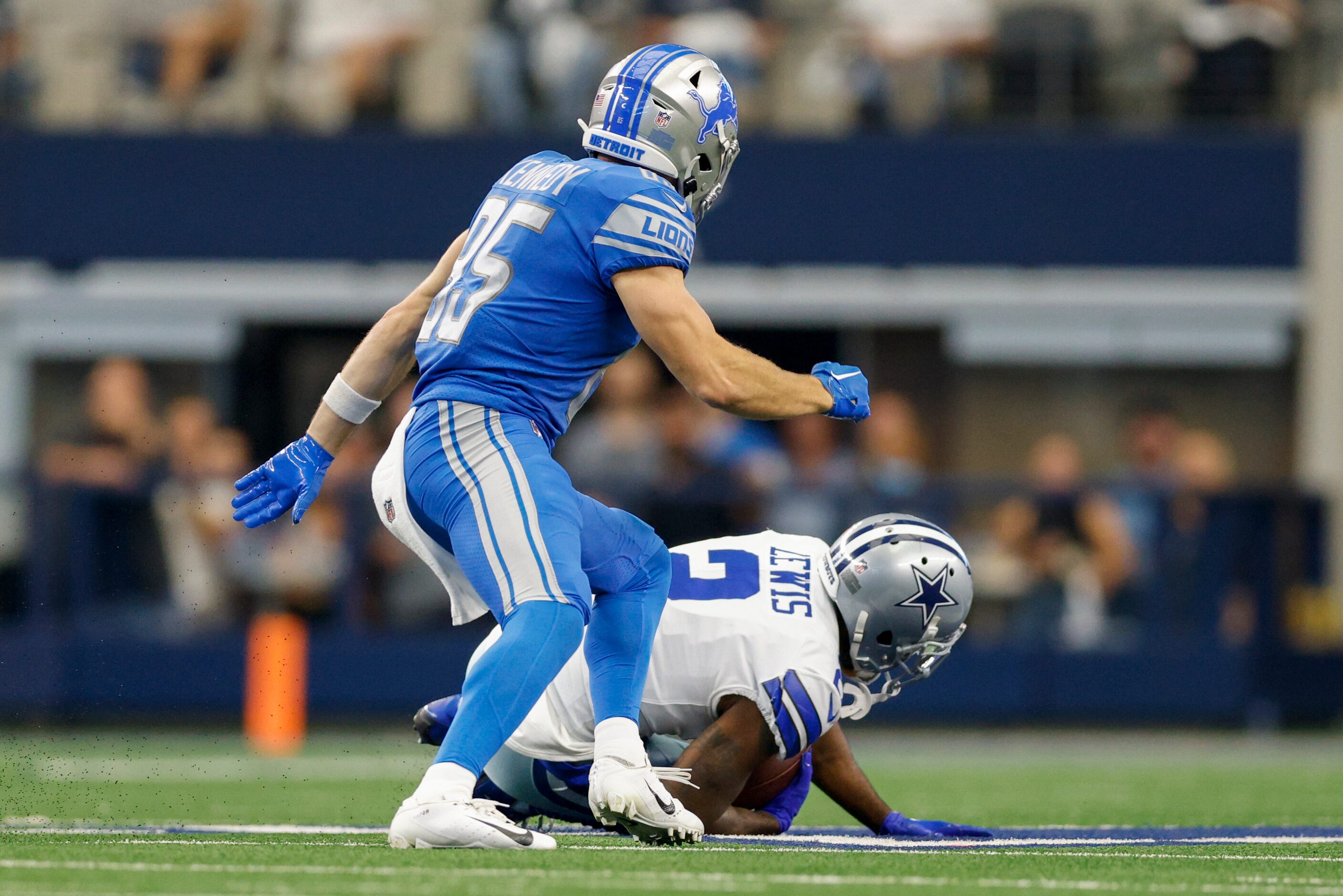 Dallas Cowboys cornerback Jourdan Lewis (2) intercepts a pass from Detroit Lions quarterback...