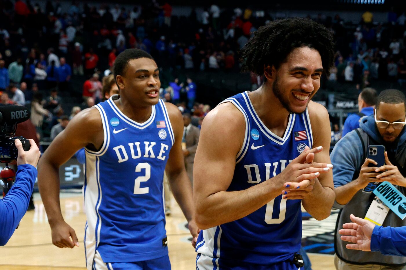 Duke guard Jared McCain (0) and guard Jaylen Blakes (2) celebrate winning an NCAA Men’s...