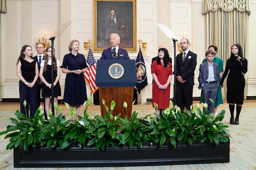 President Joe Biden, center, delivers remarks on a prisoner swap with Russia from the State...