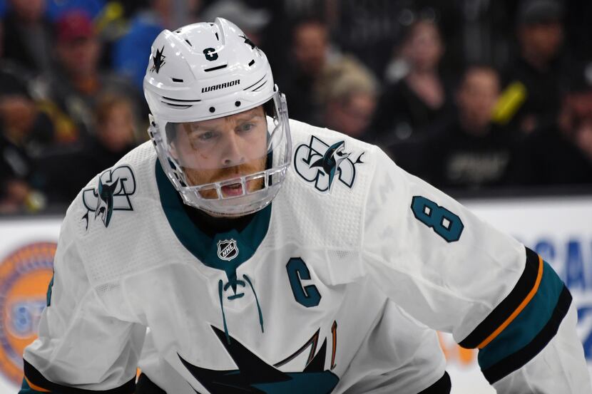 LAS VEGAS, NEVADA - APRIL 14:  Joe Pavelski #8 of the San Jose Sharks waits for a faceoff in...