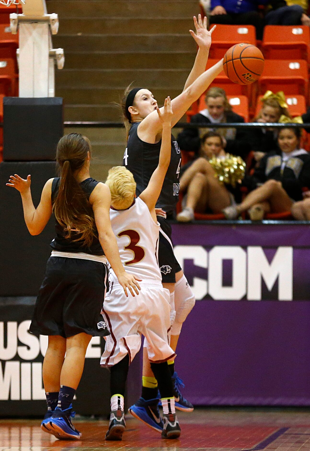 Flower Mound center Lauren Cox (44) blocks a second half shot by El Paso El Dorado point...