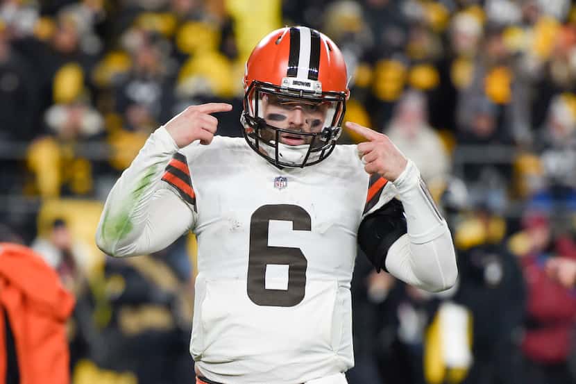 FILE - Cleveland Browns quarterback Baker Mayfield (6) gestures during the second half an...