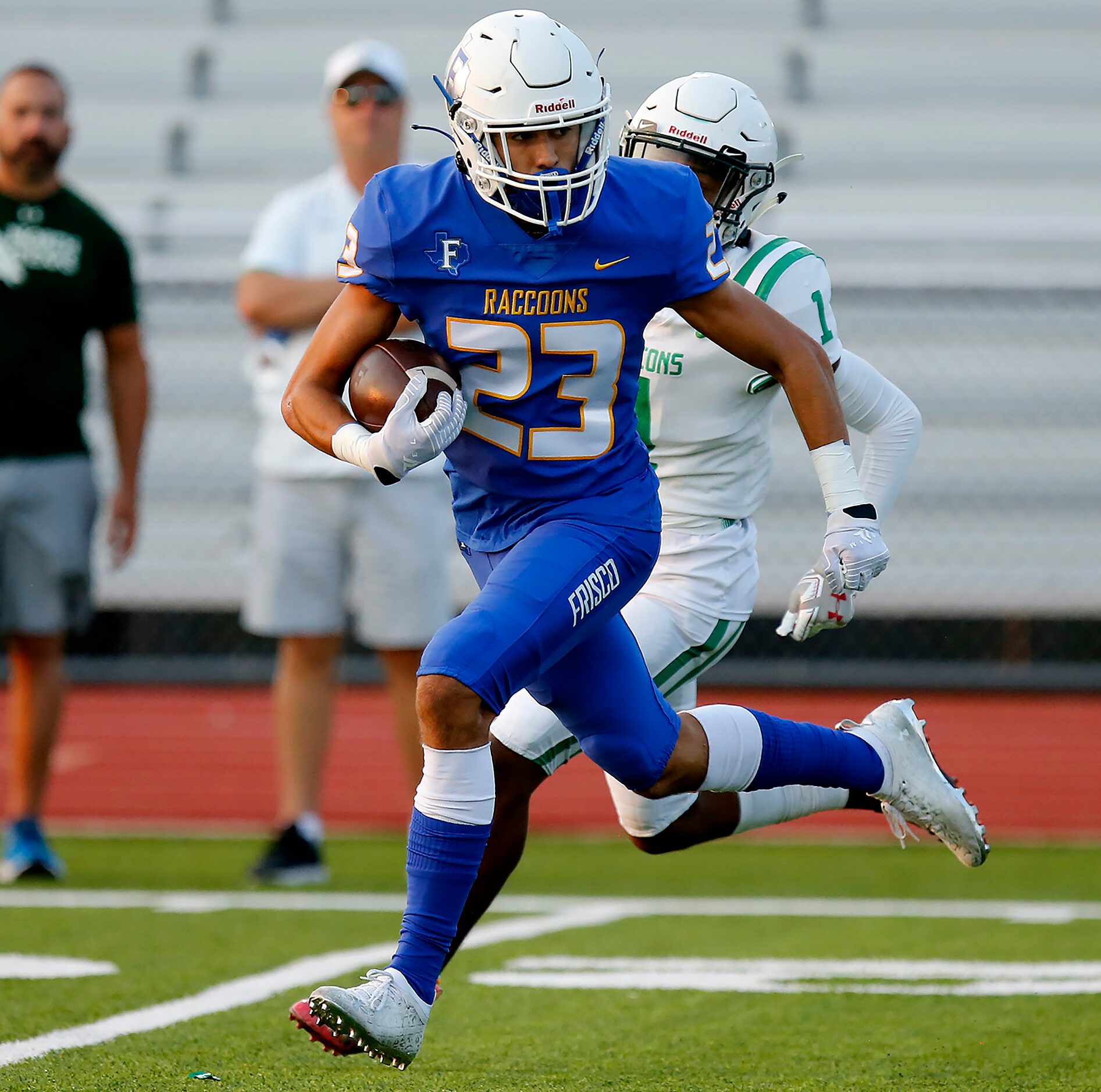 Frisco High School wide receiver Drew Johnson (23) outruns Lake Dallas High School defensive...