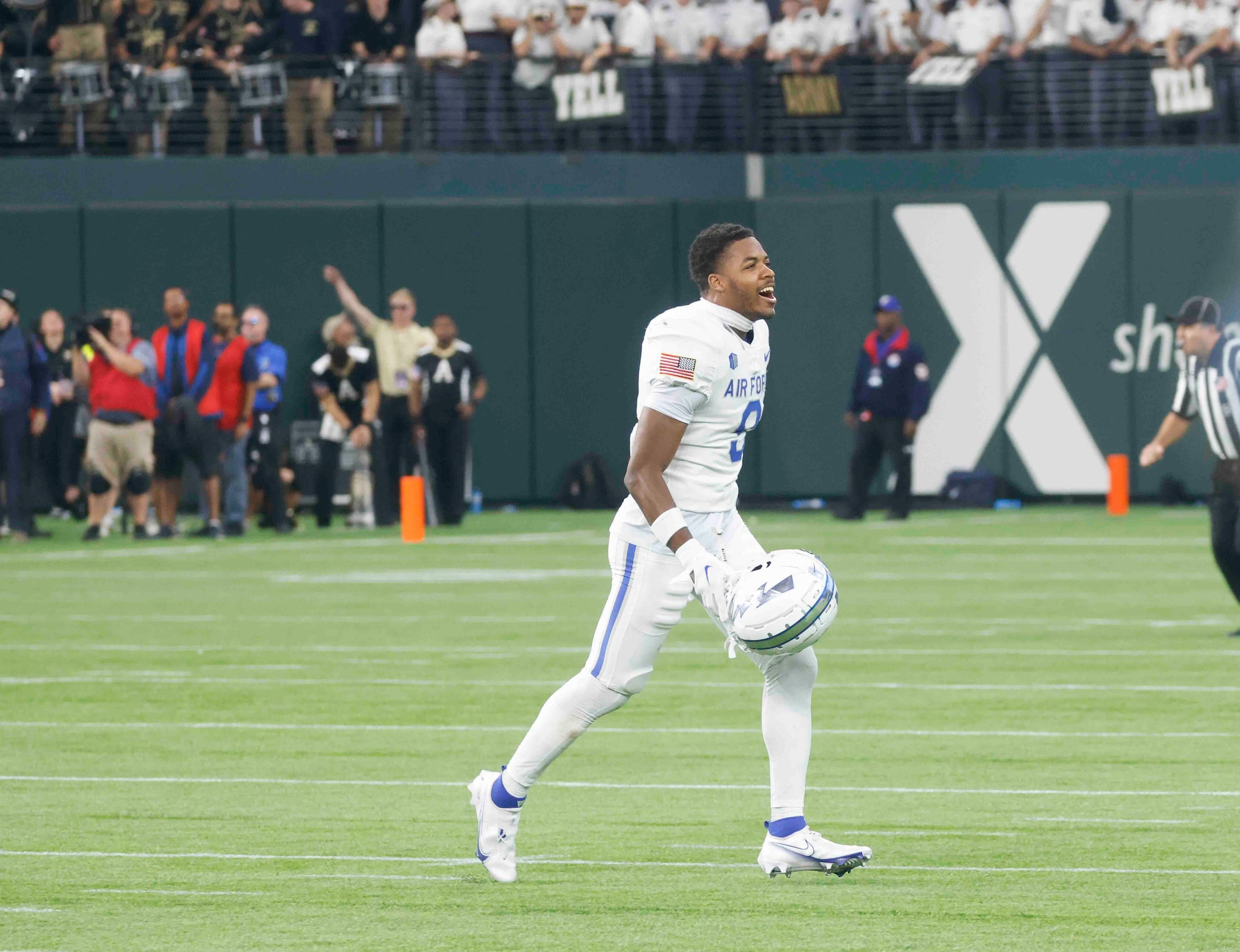 Air Force cornerback Michael Mack II (9) reacts after winning against Army during an NCAA...