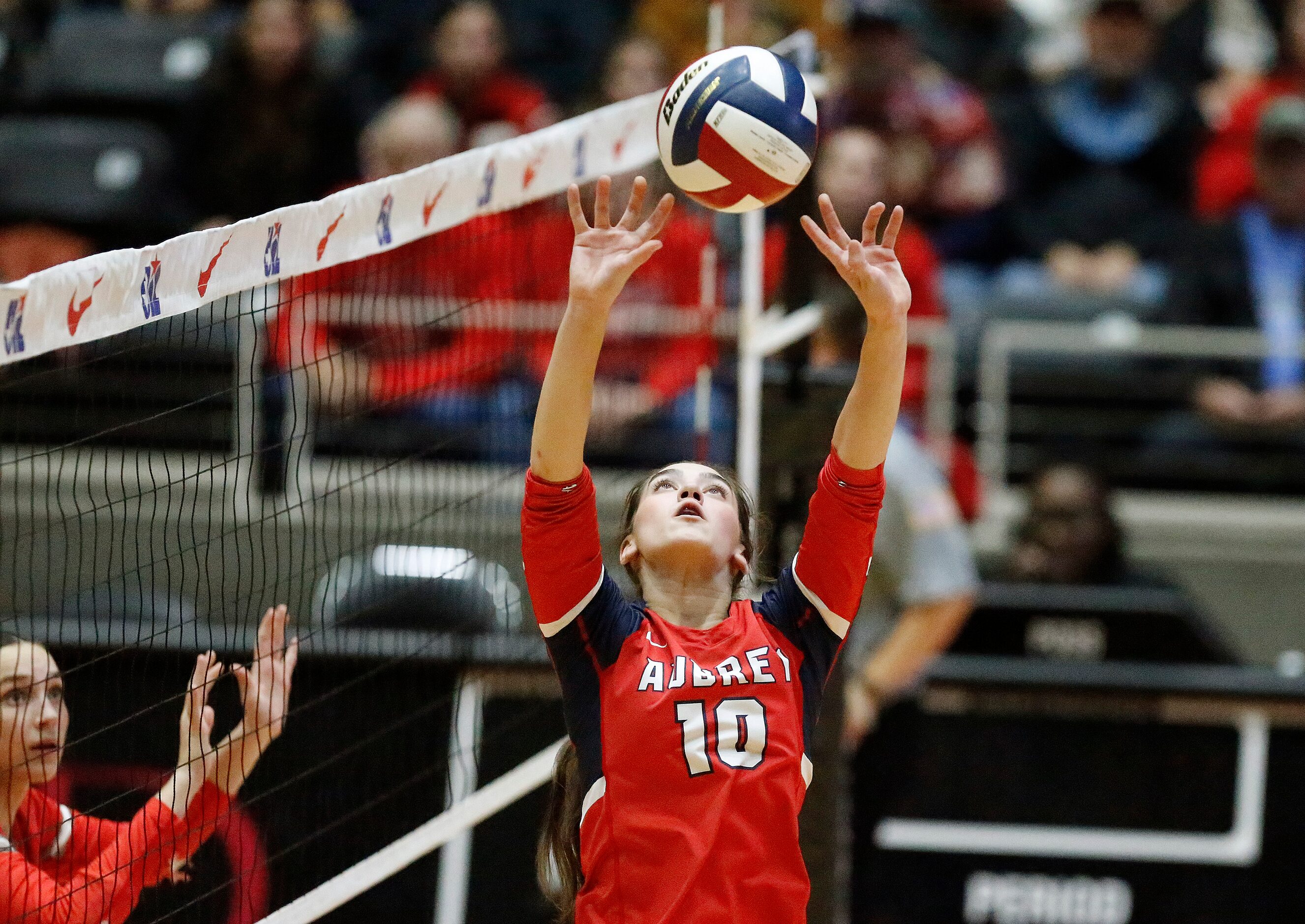 Aubrey High School setter Olivia Starr (10) makes a set during game two as Aubrey High...