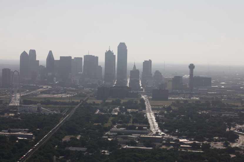 A view of the skyline of downtown Dallas looking from west to east the morning 