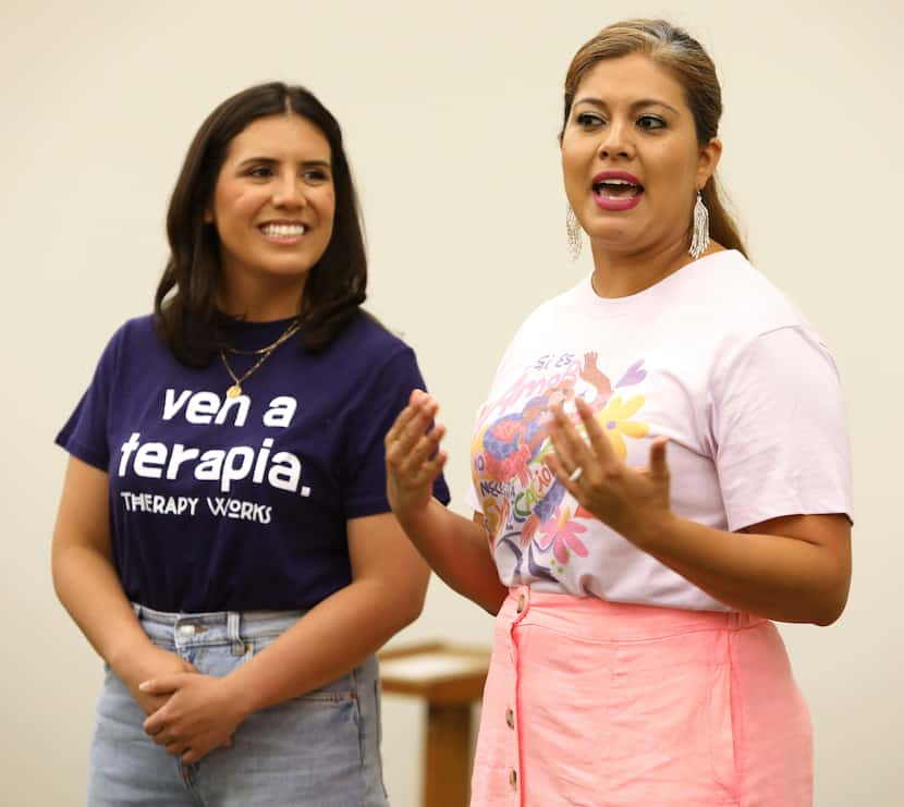 Diana Beltran, left, and Adry Sanders speak during a BIPOC Mental health workshop at Stacy's...