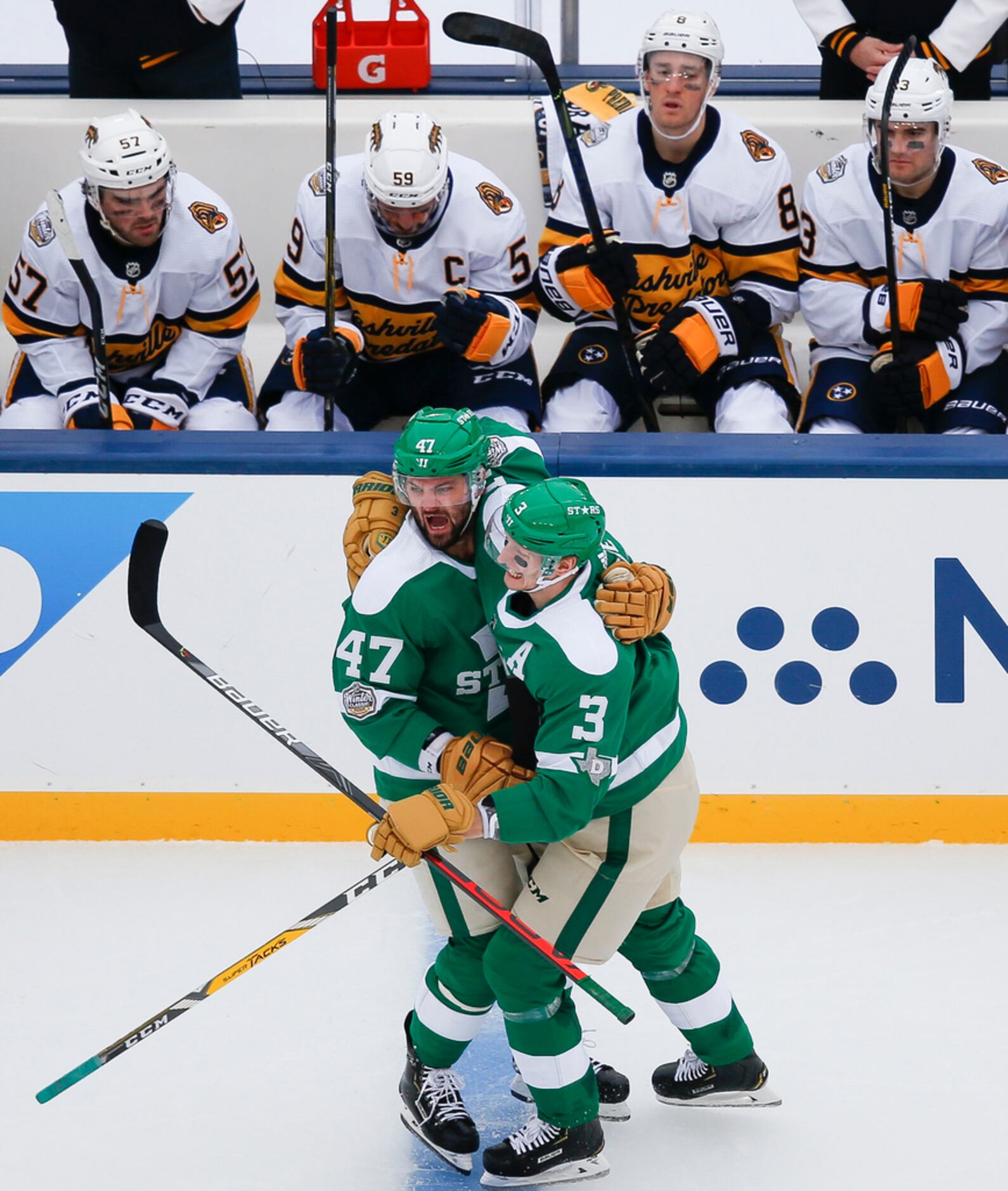 Dallas Stars right wing Alexander Radulov (47) and John Klingberg (3) celebrate a goal by...