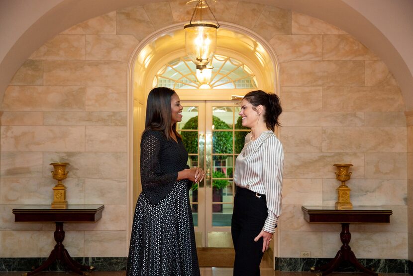 first lady Michelle Obama with stylist Meredith Koop at the White House in Washington, in...