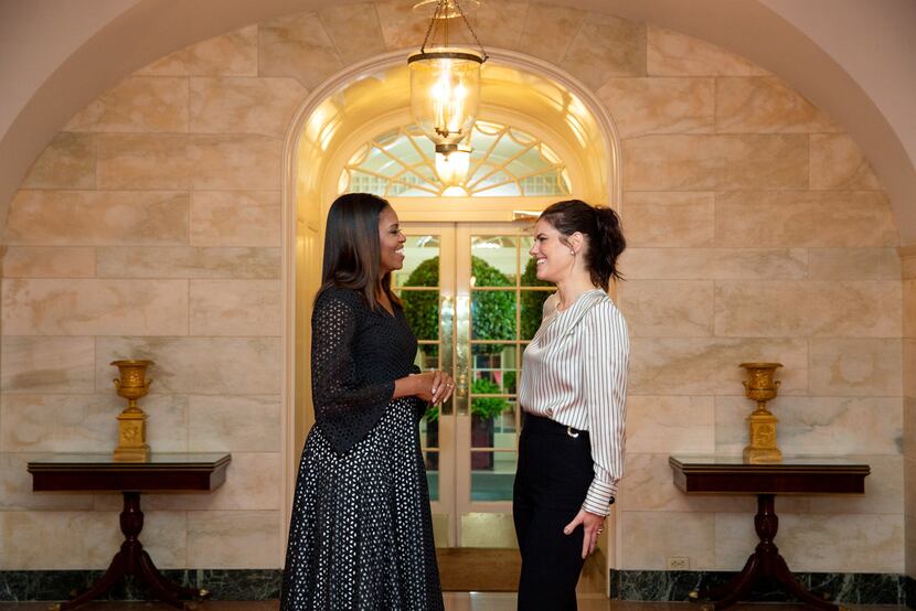 first lady Michelle Obama with stylist Meredith Koop at the White House in Washington, in...