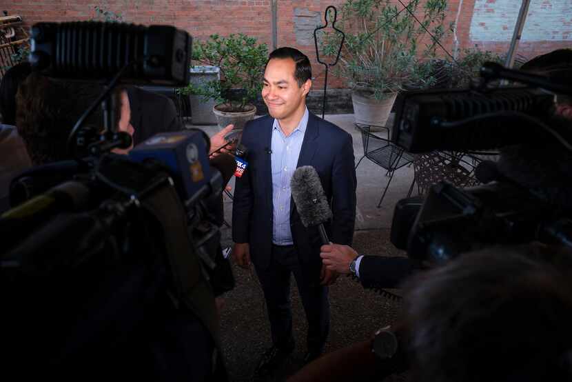 Presidential candidate Julian Castro addresses reporters before a campaign event at St....