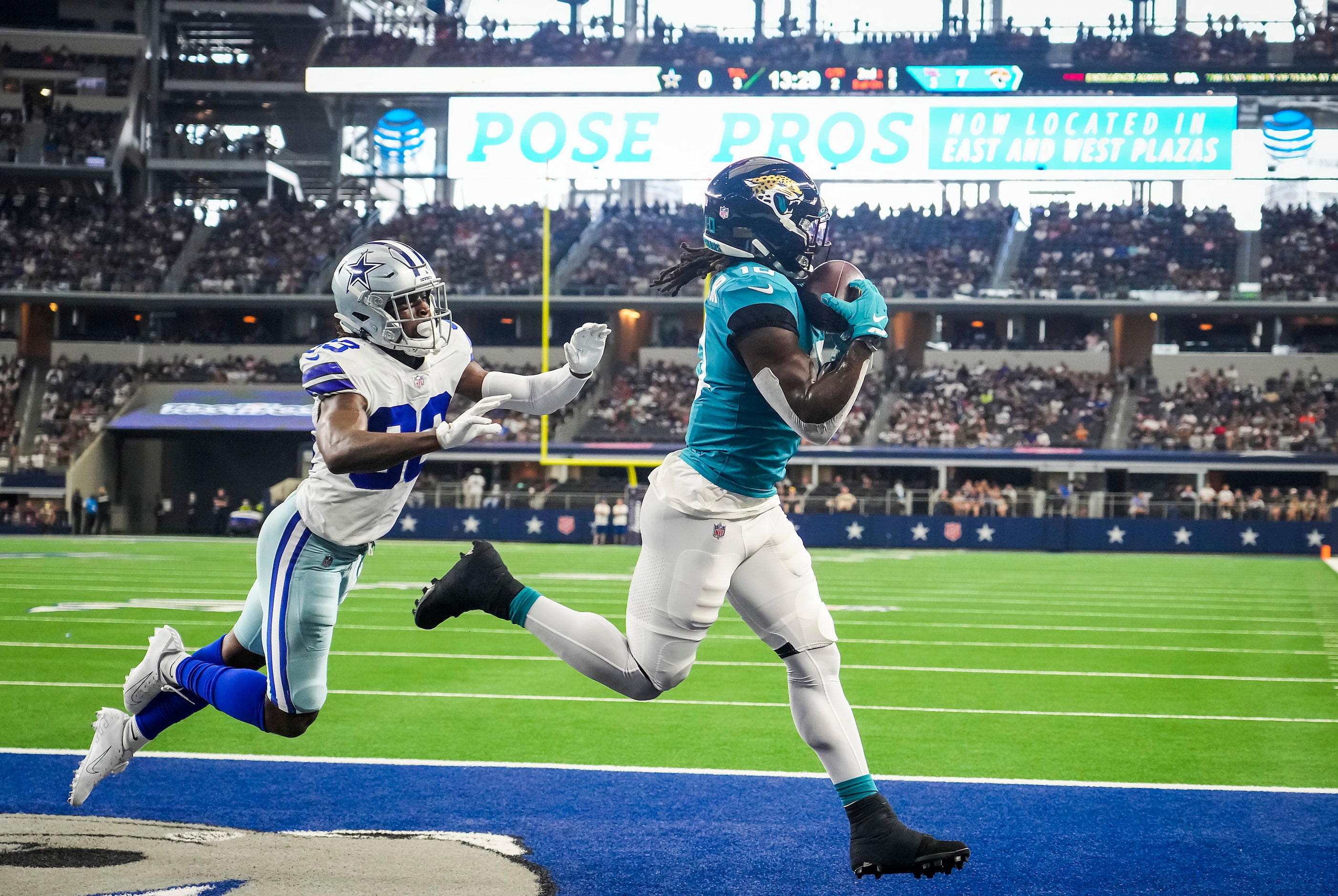 Jacksonville Jaguars wide receiver Laviska Shenault Jr. (10) hauls in a touchdown  pass as...