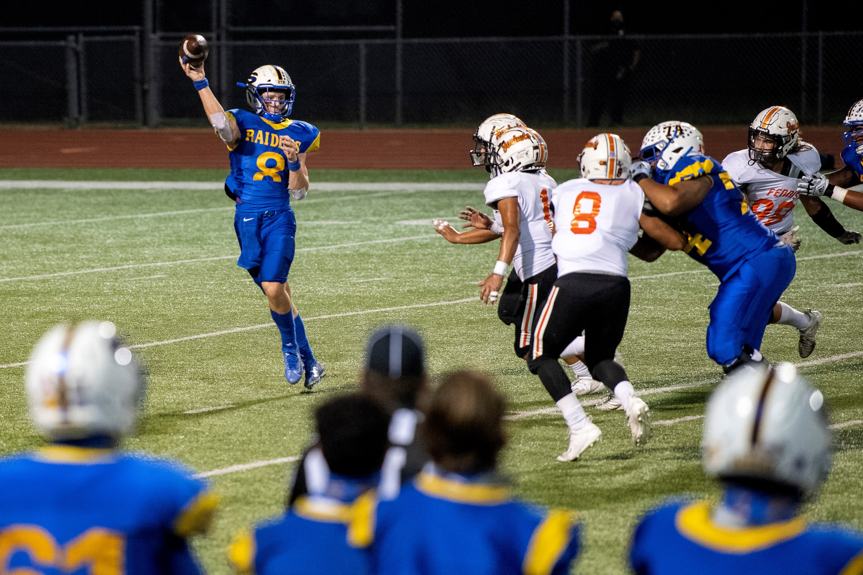 Sunnyvale senior quarterback Max McAda (8) throws downfield against Ferris in the first half...