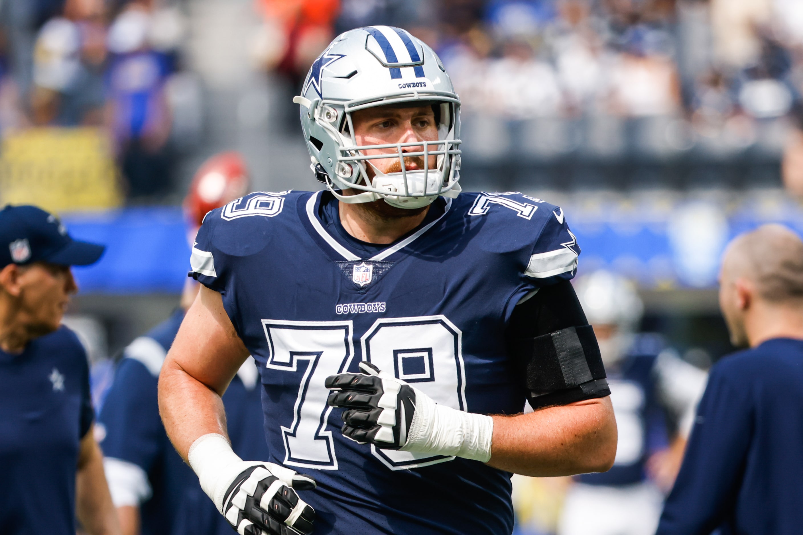 Dallas Cowboys offensive tackle Matt Waletzko (79) during warmup at the SoFi Stadium in Los...