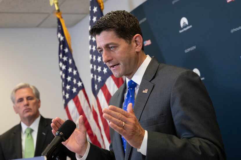 Speaker of the House Paul Ryan, R-Wis., joined by Majority Leader Kevin McCarthy, R-Calif.,...