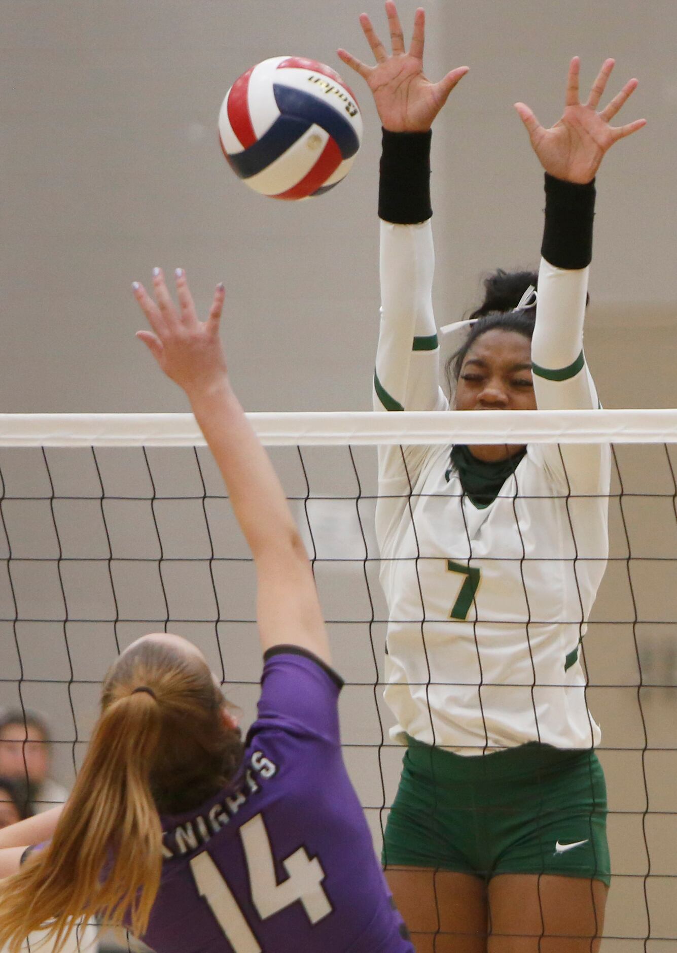Frisco Lebanon Trail's Tyrah Ariail (7) skies to deny a shot by Frisco  Independence middle...