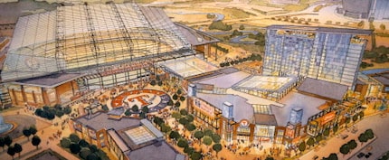 An artist rendering shows a proposed retractable roof ballpark (left) and new entertainment...