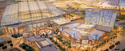 An artist rendering shows a proposed retractable roof ballpark (left) and new entertainment...