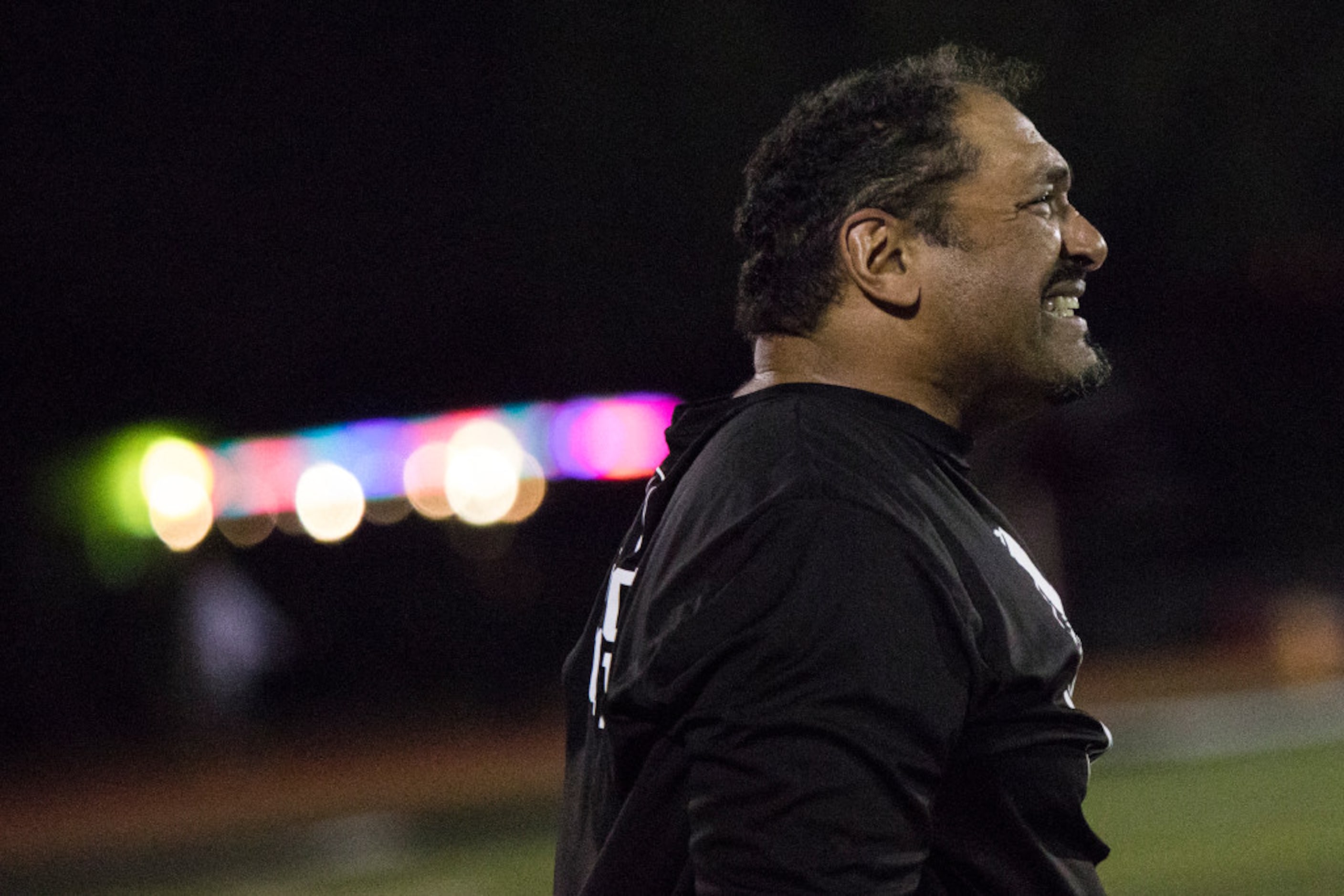 Bishop Lynch head coach Chuck Faucette reacts to a penalty during Bishop Lynch's matchup...