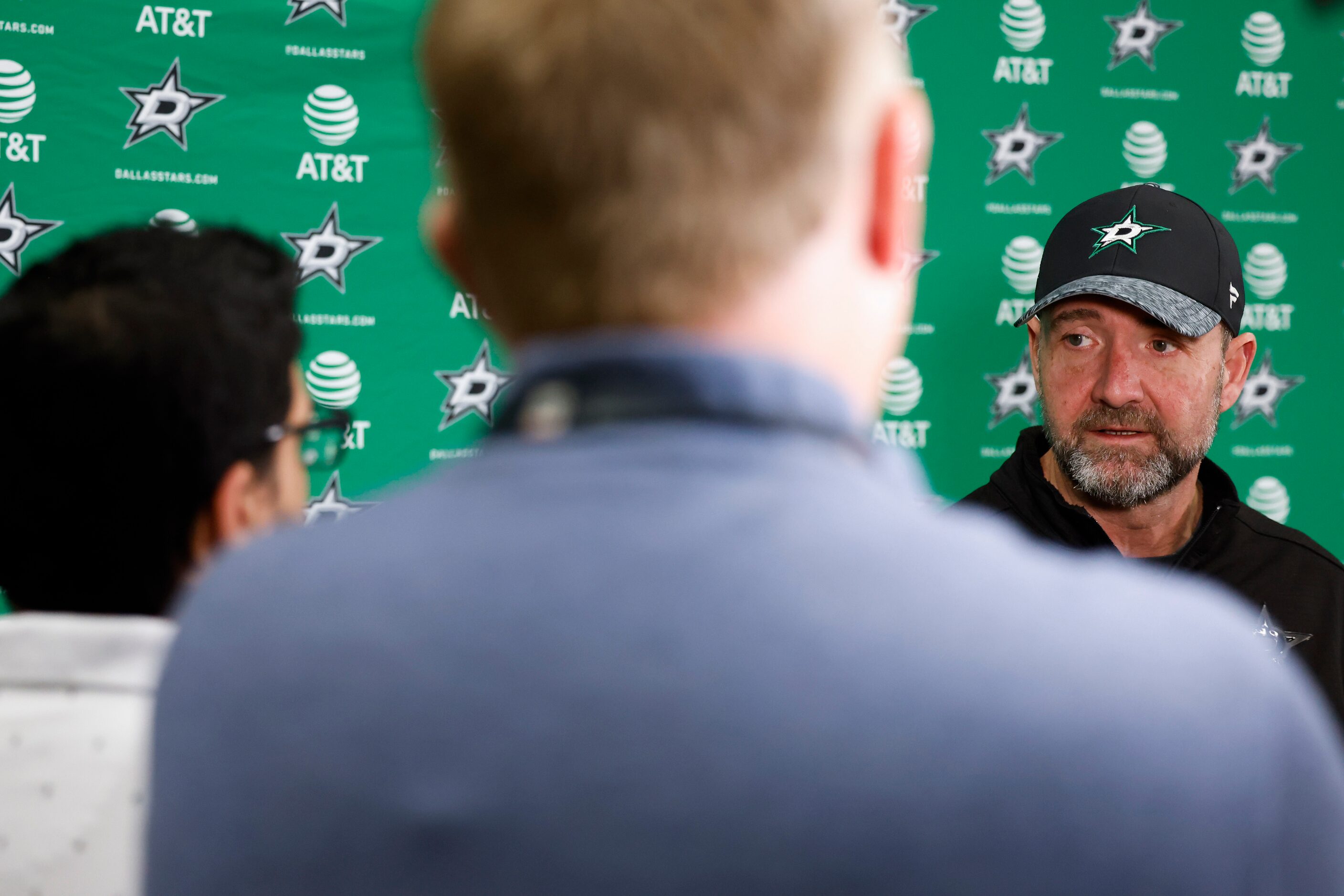 Dallas Stars head coach Peter DeBoer answers questions to the reporters during Dallas Stars...