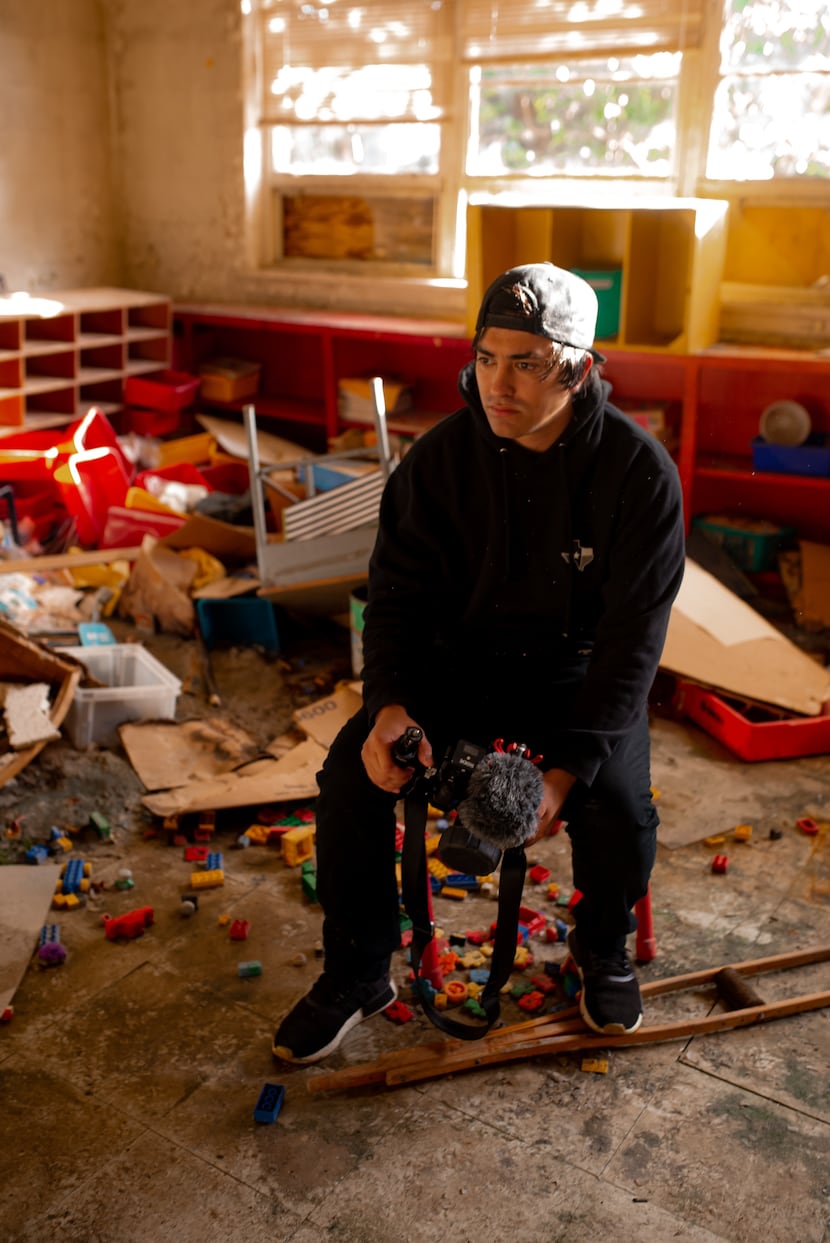 Adrian Ledezma, a Dallas urban explorer, pictured in an abandoned school.