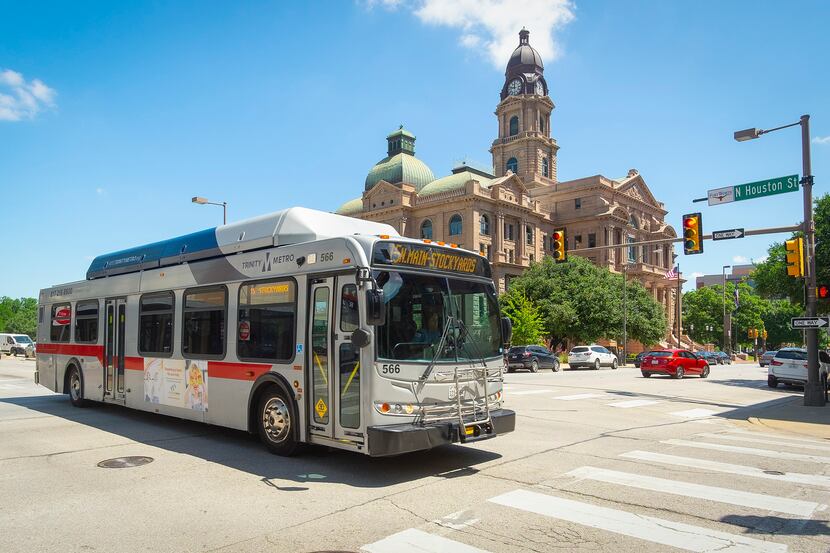A Trinity Metro bus passes the Tarrant County Courthouse. May 30, 2019. The Tarrant County...
