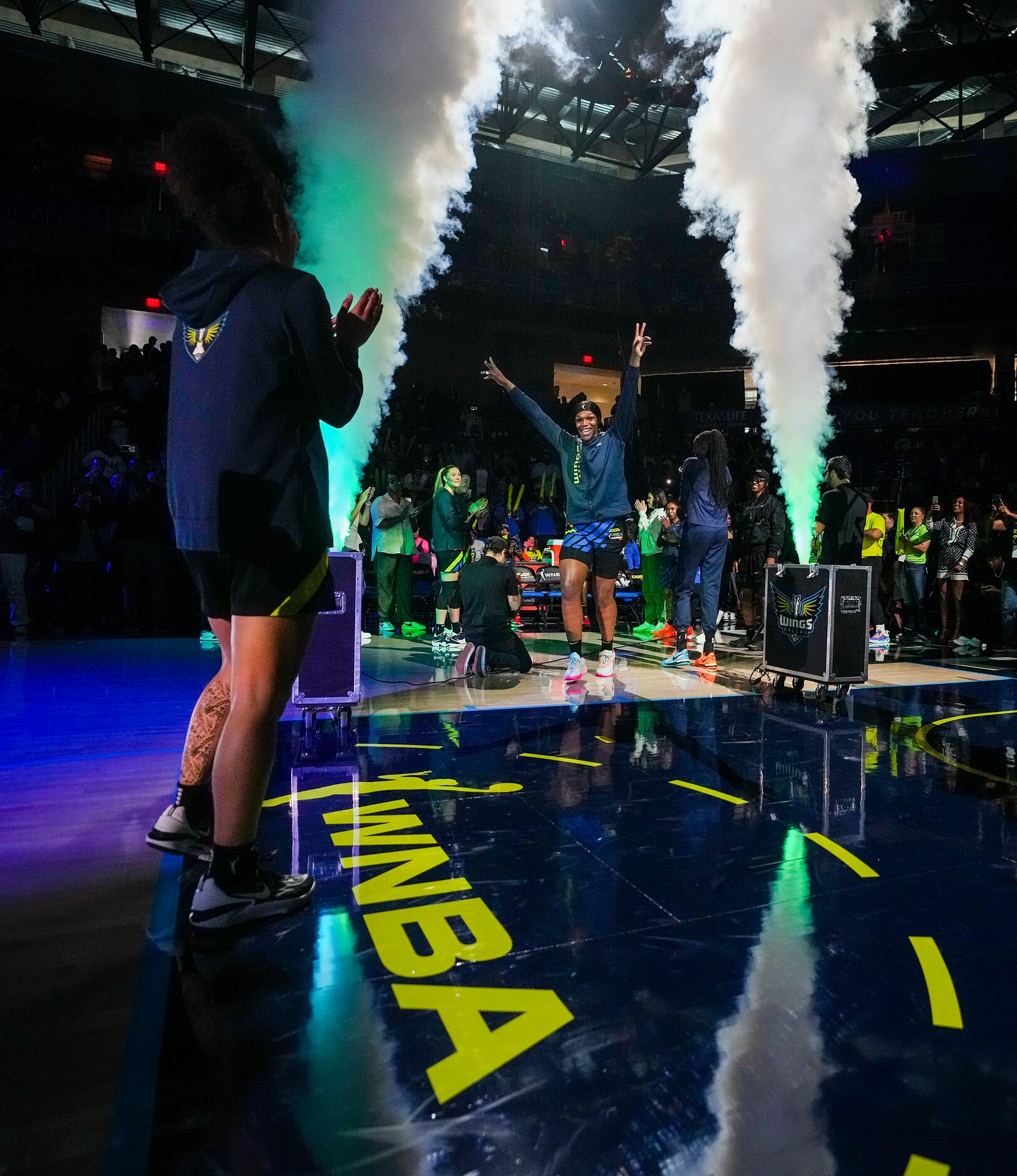 Dallas Wings center Teaira McCowan (7) takes the court before a WNBA basketball game against...