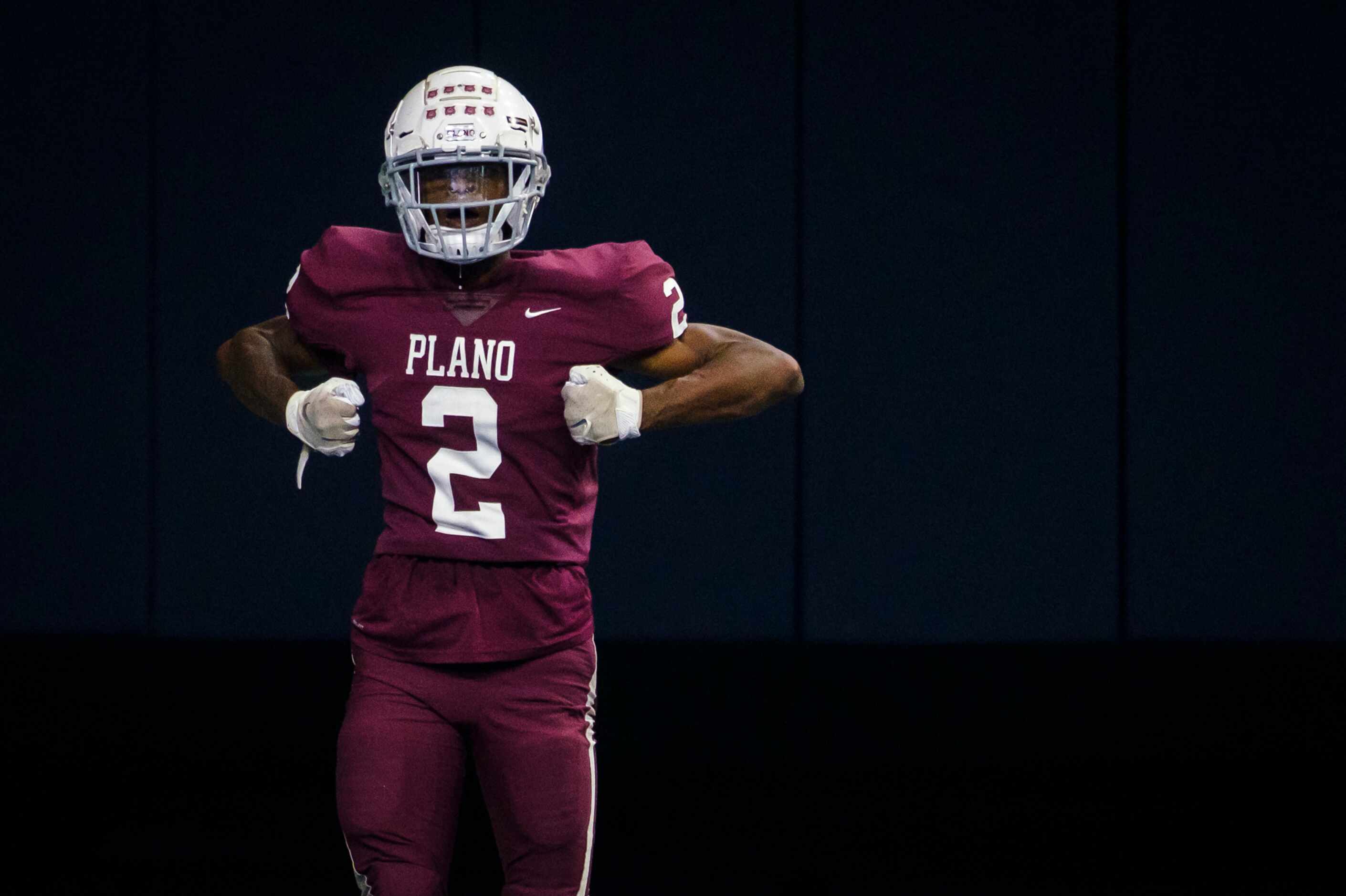 Plano wide receiver Nolan Williams (2) celebrates after catching a 24-yard touchdown pass...