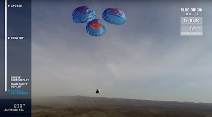 A trio of parachutes deployed to cushion the landing for New Shepard's crew capsule.