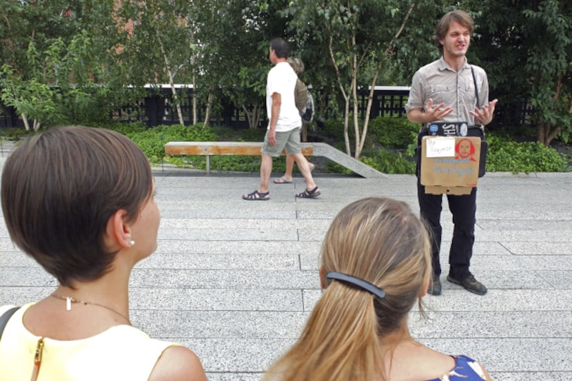 Will Barnet, an actor and street performer, recites lines from "Macbeth" at High Line park...