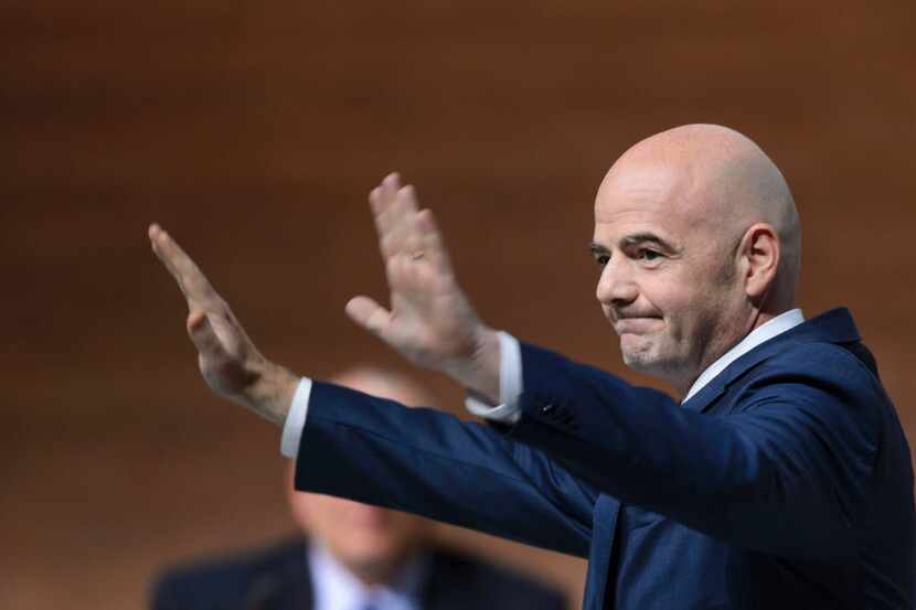 New FIFA president Gianni Infantino reacts after winning the FIFA presidential election...