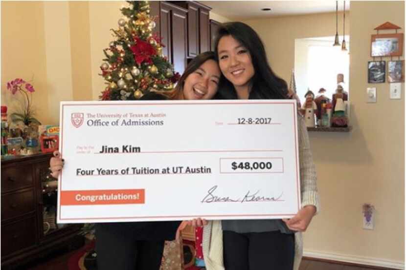 Jina Kim (right) was surprised by UT officials with a four-year scholarship covering tuition...