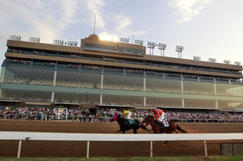 People watch a horse race from the grandstand at Lone Star Park.