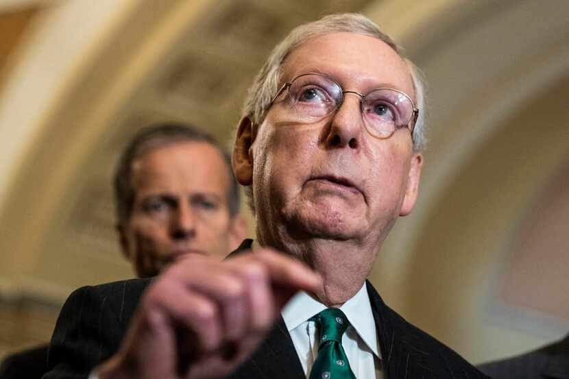 In this Oct. 10, 2018 photo, Senate Majority Leader Mitch McConnell of Ky., speaks after the...