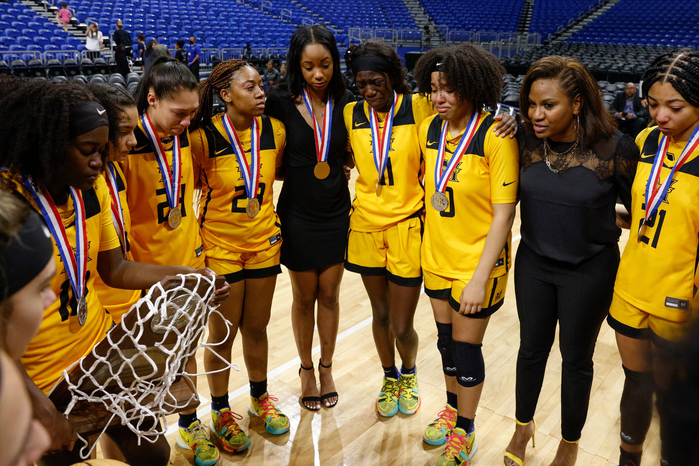 Frisco Memorial head coach Rochelle Vaughn speaks to the team after the Class 5A state...