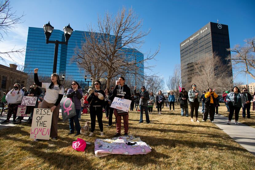 People protest a lawsuit to ban the abortion drug mifepristone at the Potter County...