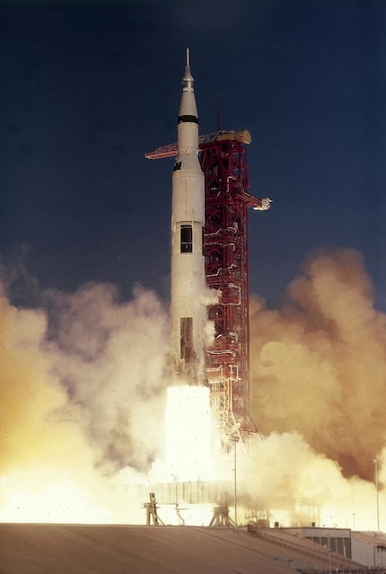 The Apollo 8 crew launches on the first manned mission to the moon on Dec. 21, 1968.  