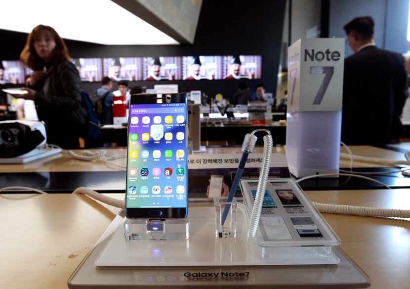 Samsung Electronics Galaxy Note 7 smartphone is displayed at a mobile phone shop in Seoul,...