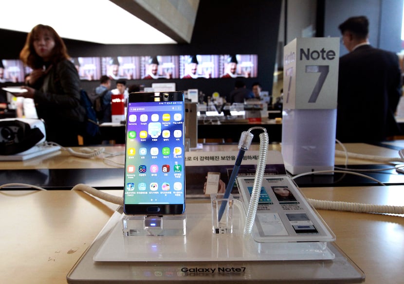 Samsung Electronics Galaxy Note 7 smartphone is displayed at a mobile phone shop in Seoul,...