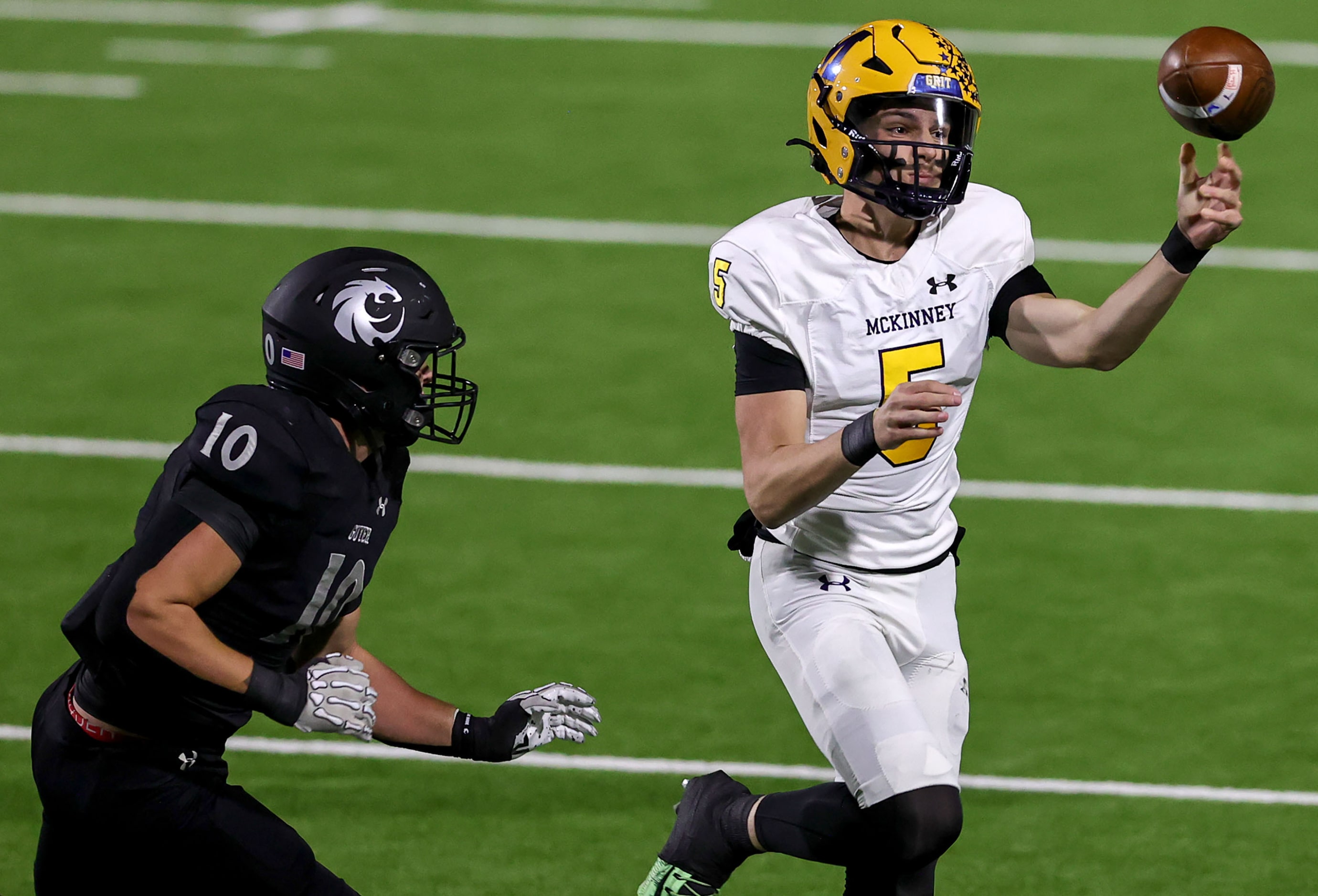 McKinney quarterback Jeremiah Daoud (5) gets off a pass as he is pressured by Denton Guyer...