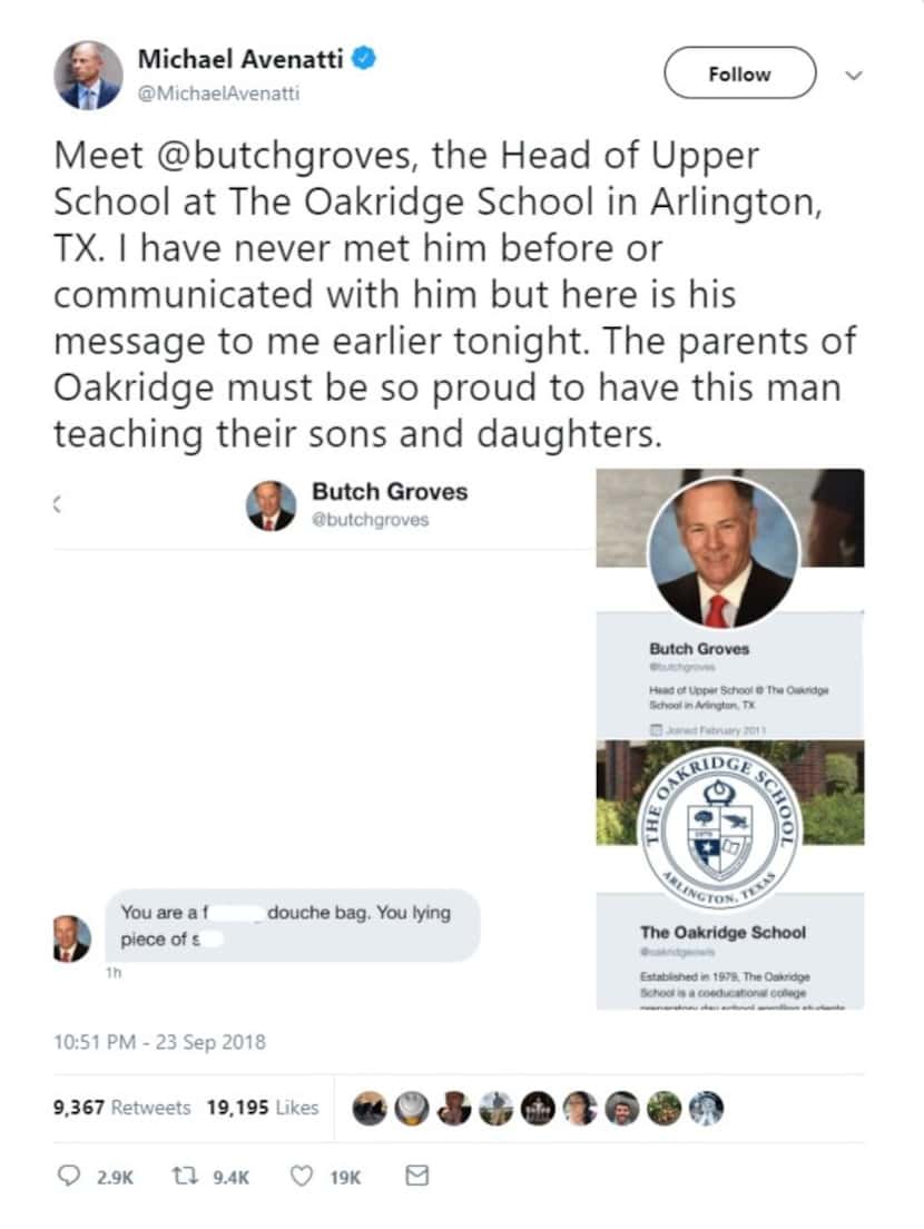 A tweet from Michael Avenatti, with screenshots of a message he received from Butch Groves.