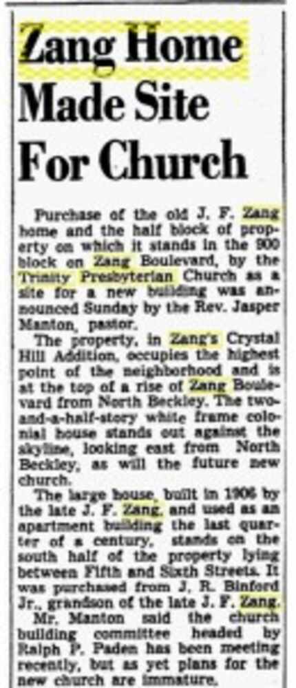  The property was originally the estate of Oak Cliff developer John Zang. (DMN archives)