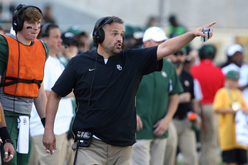 Baylor head coach Matt Rhule reacts to a play in the second half of an NCAA college football...