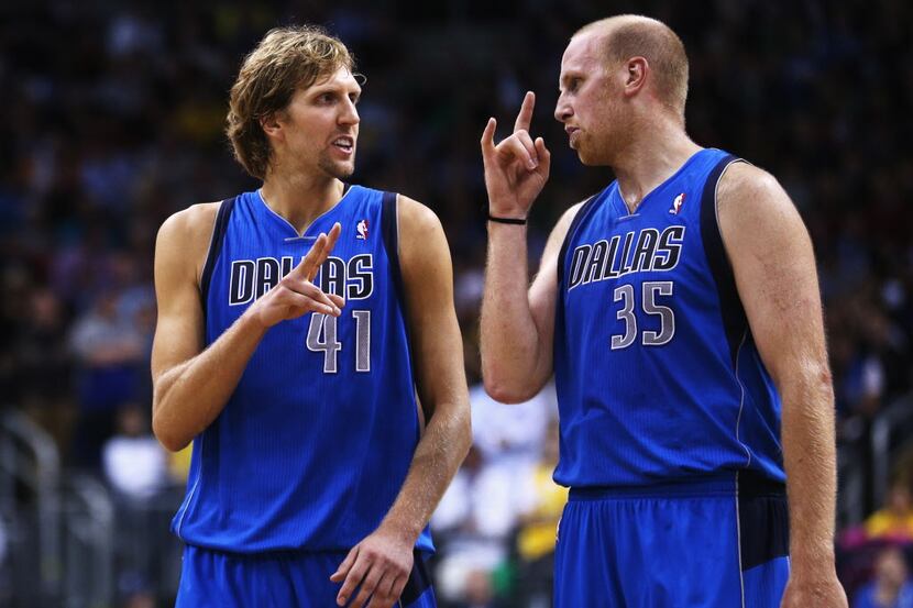 BERLIN, GERMANY - OCTOBER 06:  Chris Kaman (R) and Dirk Nowitzki of Dallas chat during the...