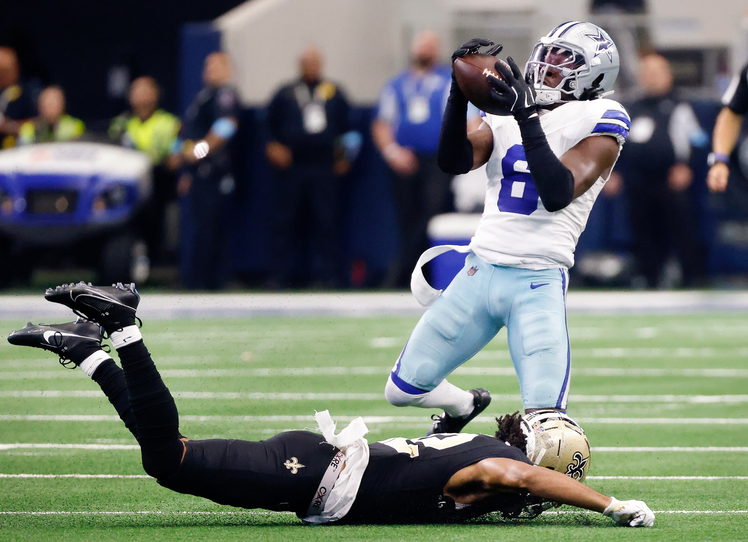 Dallas Cowboys safety Donovan Wilson (6) was in the right place to make an interception off...